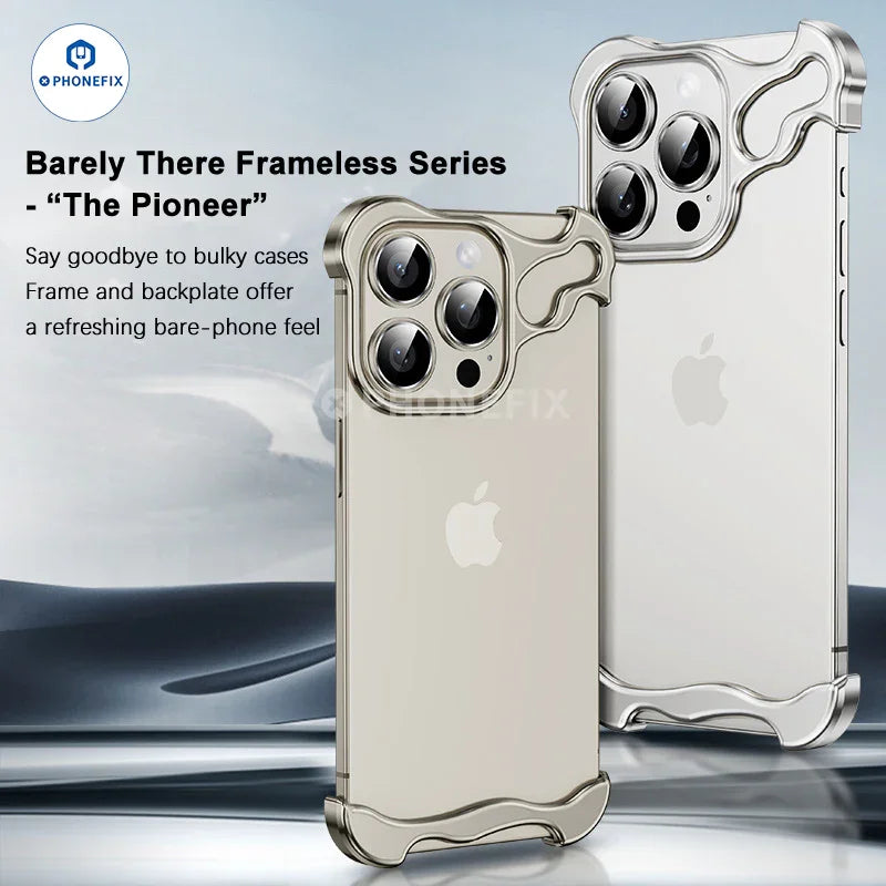 Black PHONEFIX metal corner pad frameless phone case for iPhone 12-17, offering anti-fall protection and sleek design.