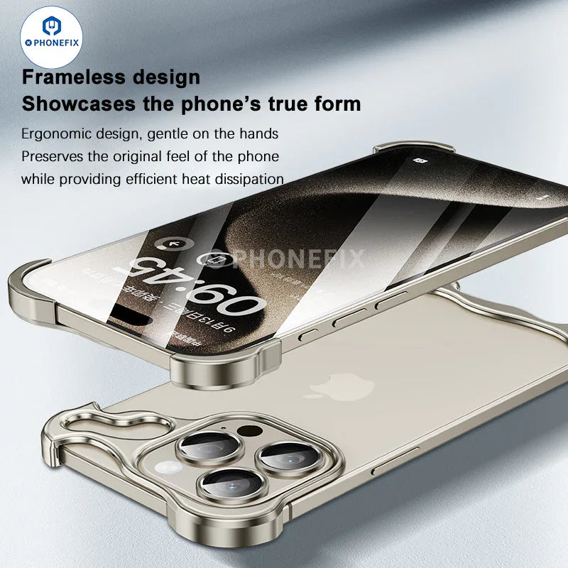 Black PhoneFIX metal corner pad anti-fall frameless phone case for iPhone 12-17 with protective metal corners and sleek design.