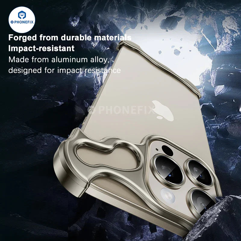 Black PhoneFIX metal corner pad anti-fall frameless phone case for iPhone 12-17, offering protection and sleek design.