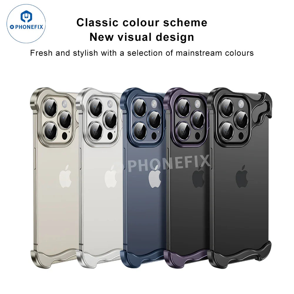 PhoneFIX metal corner pad anti-fall frameless iPhone case for iPhone 12-17, showing reinforced corners and sleek design.