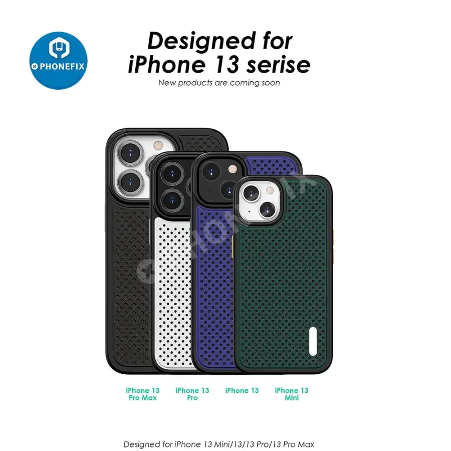 PhoneFIX iPhone 15 Pro Max Graphene Heat Dissipation Shockproof Phone Case showing textured black protective cover with reinforced edges.