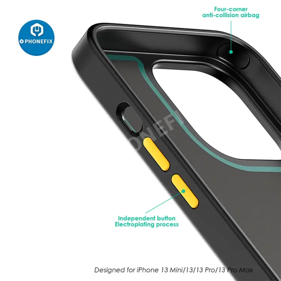 Black PHONEFIX iPhone 15 Pro Max protective case with graphene heat dissipation and shockproof design for shock absorption.
