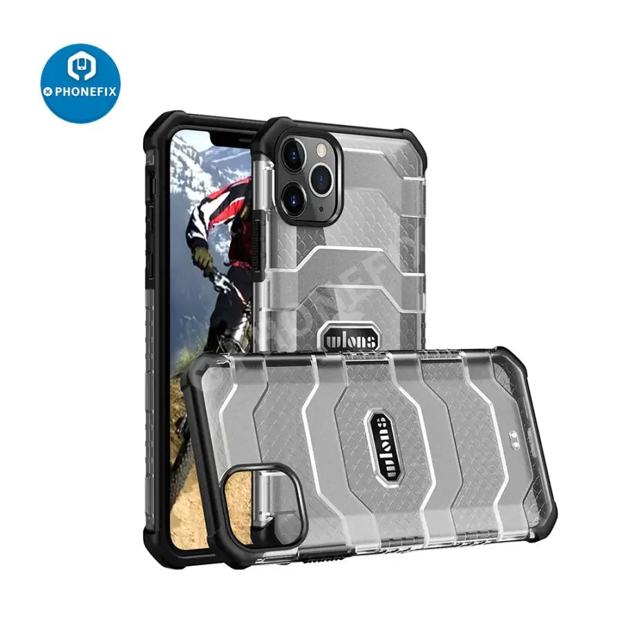 PhoneFIX iPhone 11, 12, 13 series military armor dual-layer protection case showing rugged design and reinforced edges.