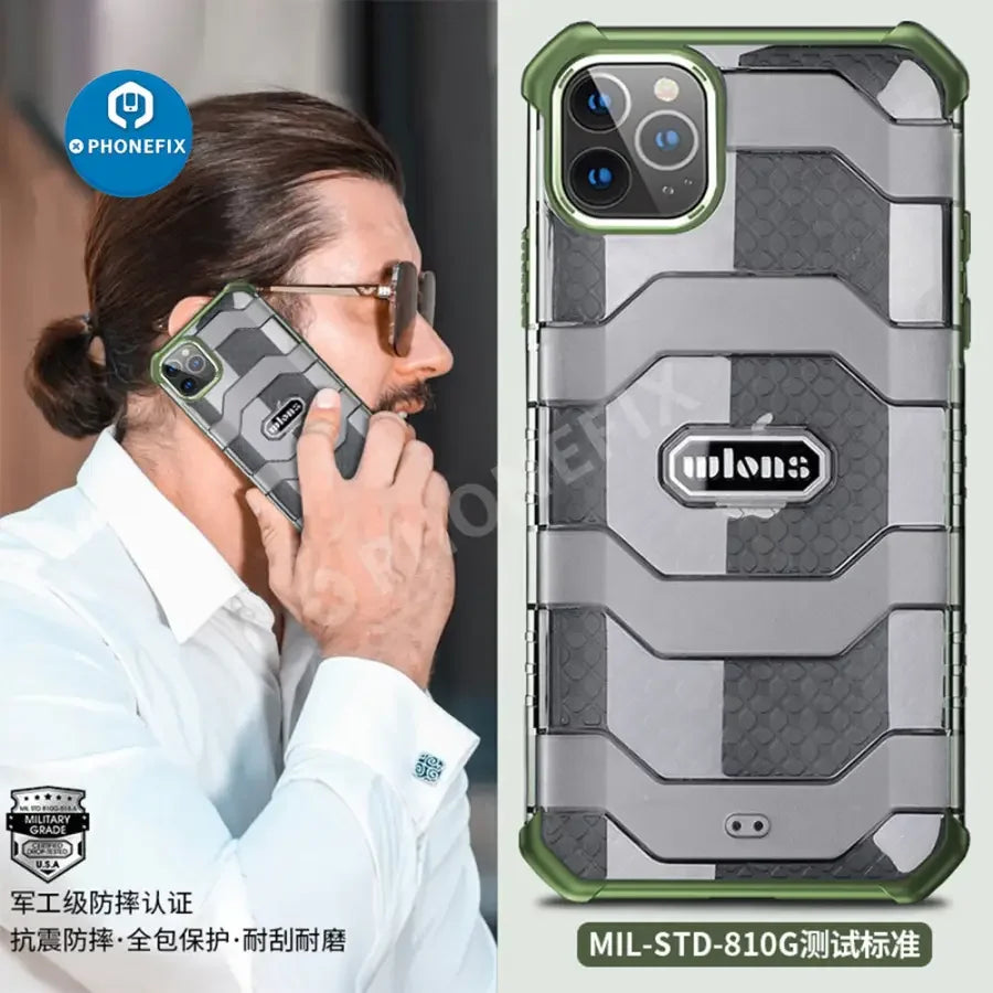 Black PHONEFIX military armor dual-layer phone case for iPhone 11, 12, and 13 series with extreme protection.