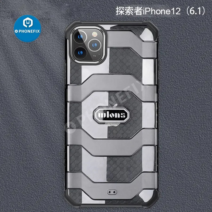 Black PHONEFIX military armor dual-layer case for iPhone 11, 12, and 13 series offering extreme protection and rugged durability.