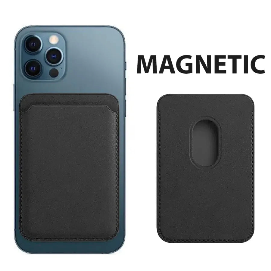 Leather magnetic card wallet holder for iPhone 12, 13, 14, 15 series by PHONEFIX, featuring a sleek design with card slots.
