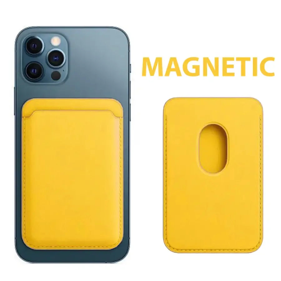 Brown leather PhoneFIX magnetic card wallet holder for iPhone 12-15 series, protects phone and stores cards securely.