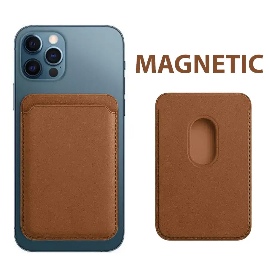 Brown Leather Magnetic Card Wallet Holder for iPhone 12-15 by PHONEFIX, with card slots and protective case for iPhone models.