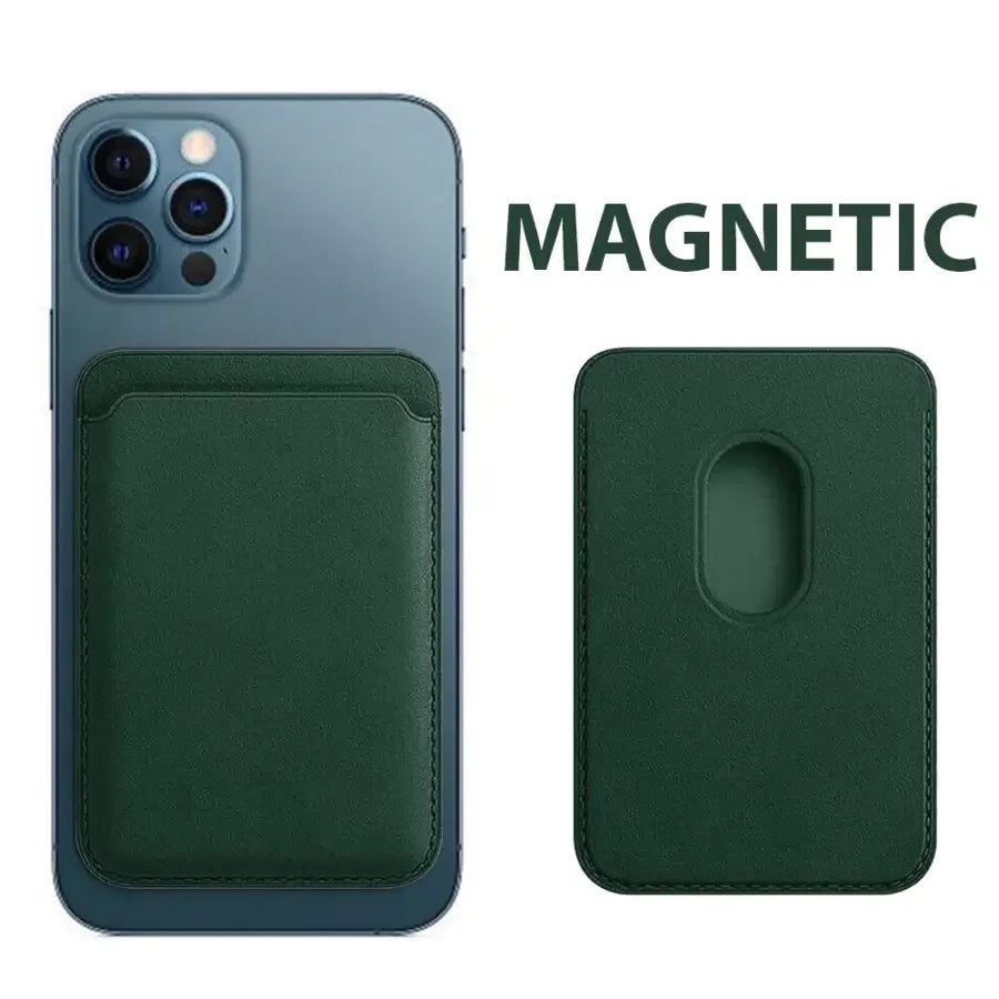 Brown leather PhoneFIX magnetic card wallet holder case for iPhone 12-15 series, with card slots and protective design.