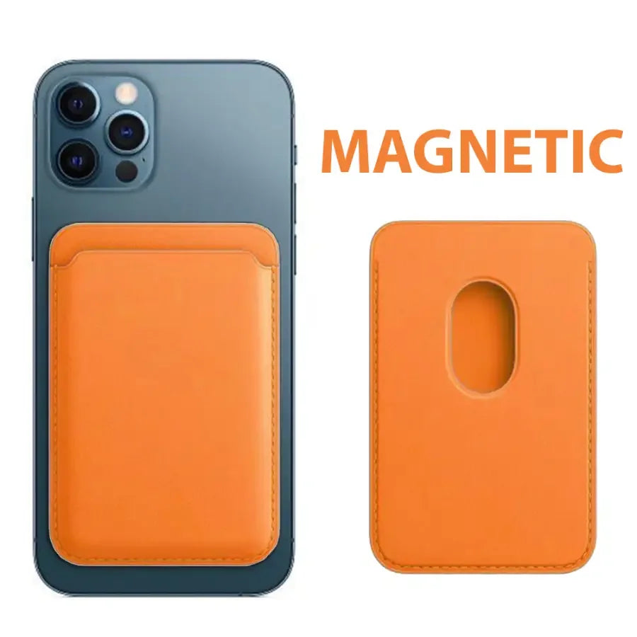 Brown leather PhoneFIX magnetic card wallet holder case for iPhone 12, 13, 14, 15 series with built-in card slot and protective cover.