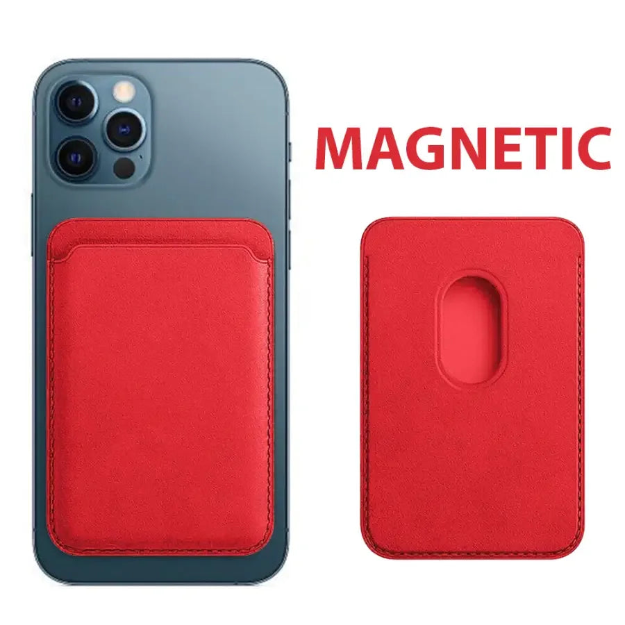 Brown leather PHONEFIX magnetic card wallet holder attached to iPhone 12-15 series, offering a sleek phone protector with card storage.