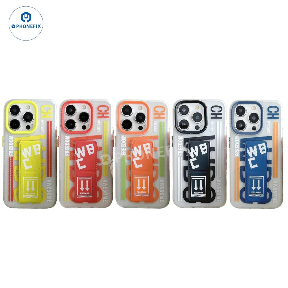 PHONEFIX frosted iPhone 16 Pro Max case with push-pull folding stand, offers protection and adjustable viewing angle.