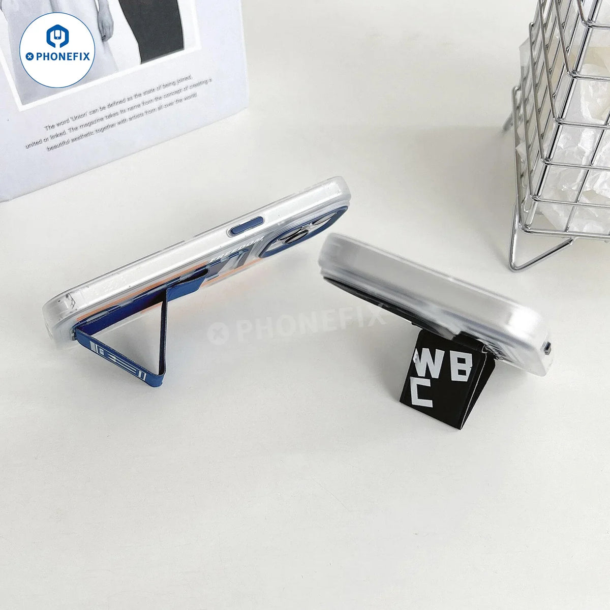 PHONEFIX frosted iPhone 16 Pro Max case with push-pull folding stand, showing textured surface and stand in use