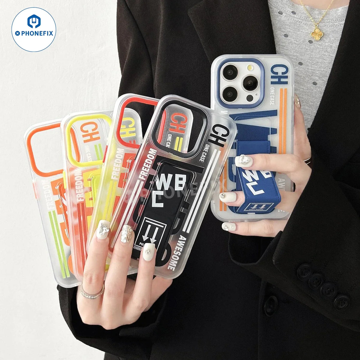PHONEFIX frosted iPhone 16 Pro Max case with push-pull folding stand, protective phone cover with sleek design and functional stand.