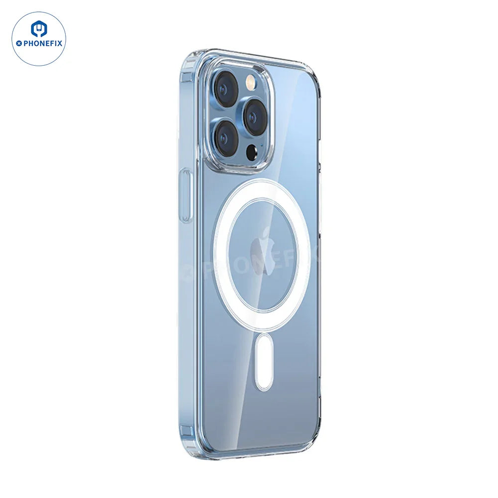 PHONEFIX silicone TPU clear case with MagSafe for iPhone 16 Pro Max, showcasing slim transparent protection and magnetic attachment.