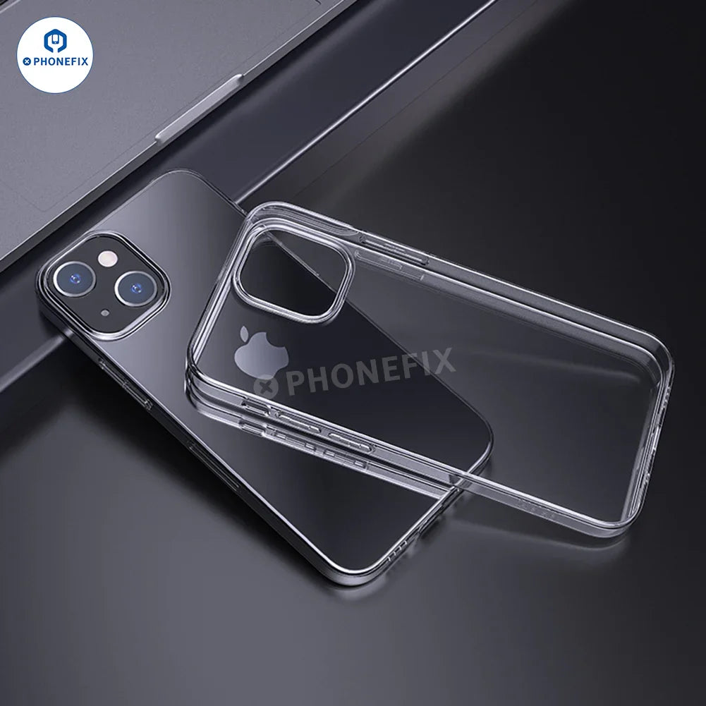 Clear silicone TPU phone protector case with MagSafe for iPhone 16 Pro Max, designed by PHONEFIX, showing the slim, transparent design.