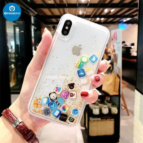 PhoneFIX glitter liquid quicksand back cover case for iPhone 7 to 16 Pro Max with shimmering, colorful liquid design and protective build.