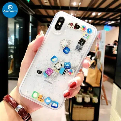 Gold glitter liquid quicksand iPhone 7-16 Pro Max phone case by PHONEFIX, featuring a sparkly, transparent protective back cover.