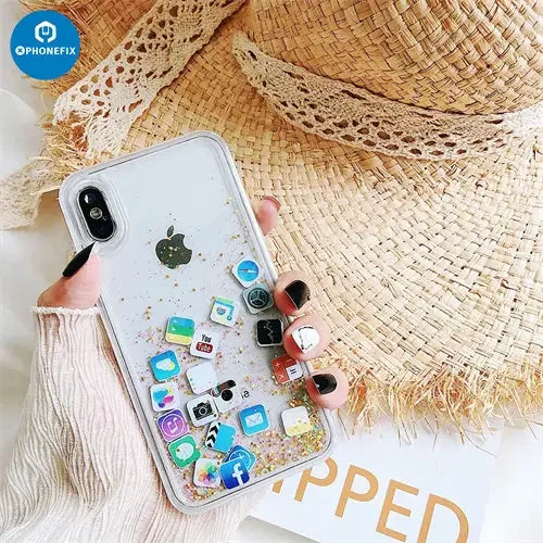 PhoneFIX gold glitter liquid quicksand back cover case for iPhone 7 to 16 Pro Max with shimmering design and protective features.