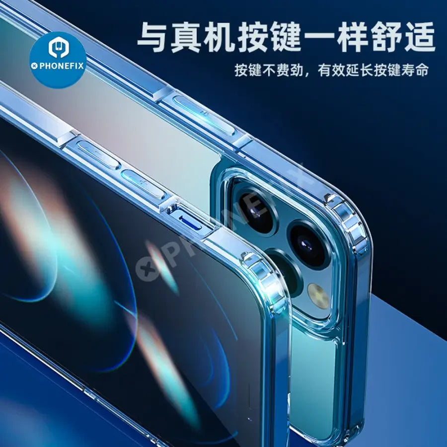 PhoneFIX shockproof clear acrylic TPU bumper case for iPhone 11 and 12 Pro Max, providing durable protection and a sleek design.