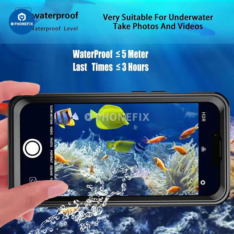 PHONEFIX waterproof full body protective phone case for iPhone 15 Series, showing the sleek black design and reinforced edges.