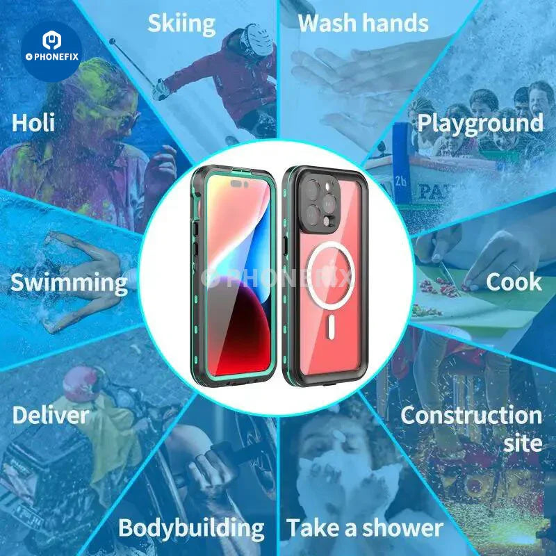 PHONEFIX waterproof full body protective phone case for iPhone 15 series, durable and splash-resistant phone protector.