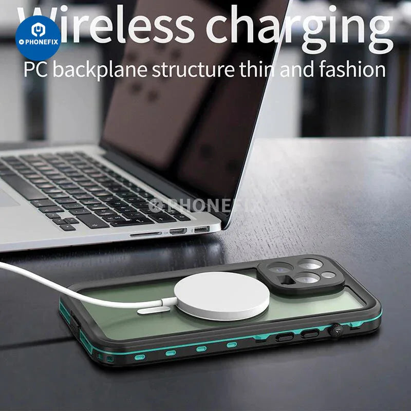 PHONEFIX waterproof full body protective phone case for iPhone 15 series, showing the sleek design and reinforced edges.