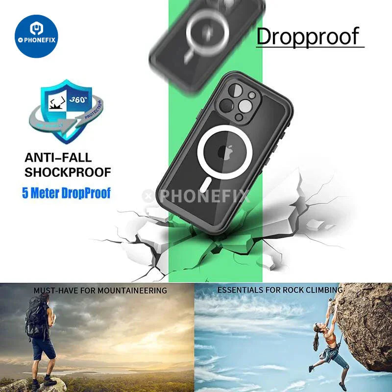 PhoneFIX waterproof full body protective case for iPhone 15 series, with rugged design and transparent back.