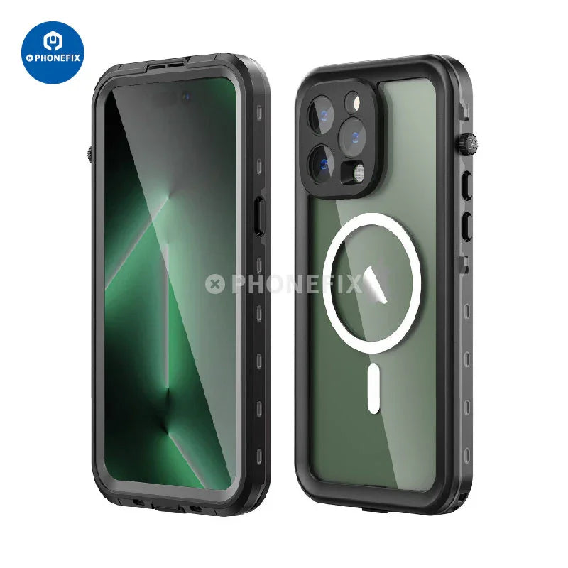 PhoneFIX waterproof full body protective case for iPhone 15 series, designed to shield the phone from water and impacts.