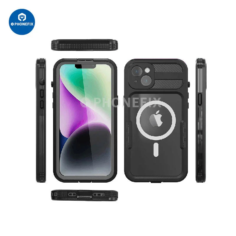 PhoneFIX waterproof full body protective case for iPhone 15 series, showing the durable, splash-proof design with precise cutouts.