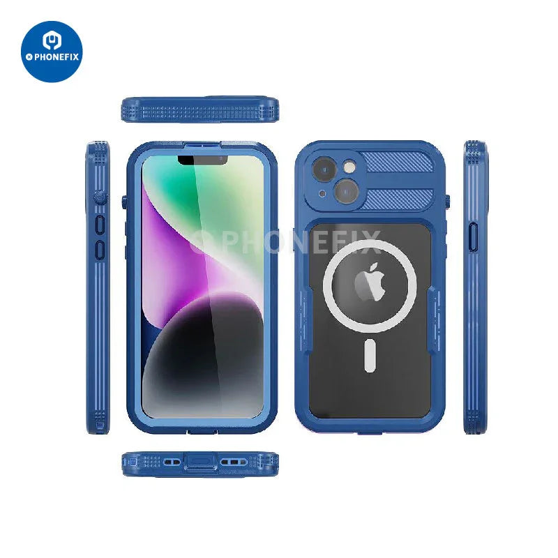 PHONEFIX waterproof full body protective phone case for iPhone 15 series, showing the rugged, splash-resistant design and secure fit.