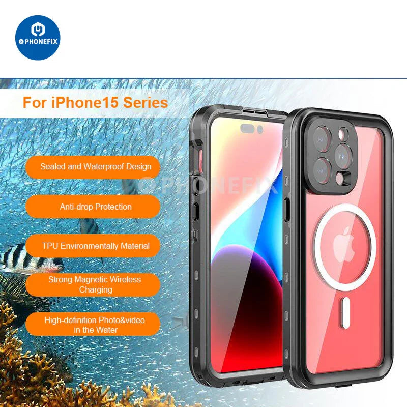 PHONEFIX waterproof full body protective phone case for iPhone 15 series, designed to shield and safeguard the device.