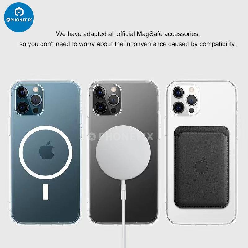 PhoneFIX iPhone 15 Series MagSafe case in black, full cover shockproof protector with airbag for iPhone 15 phone.