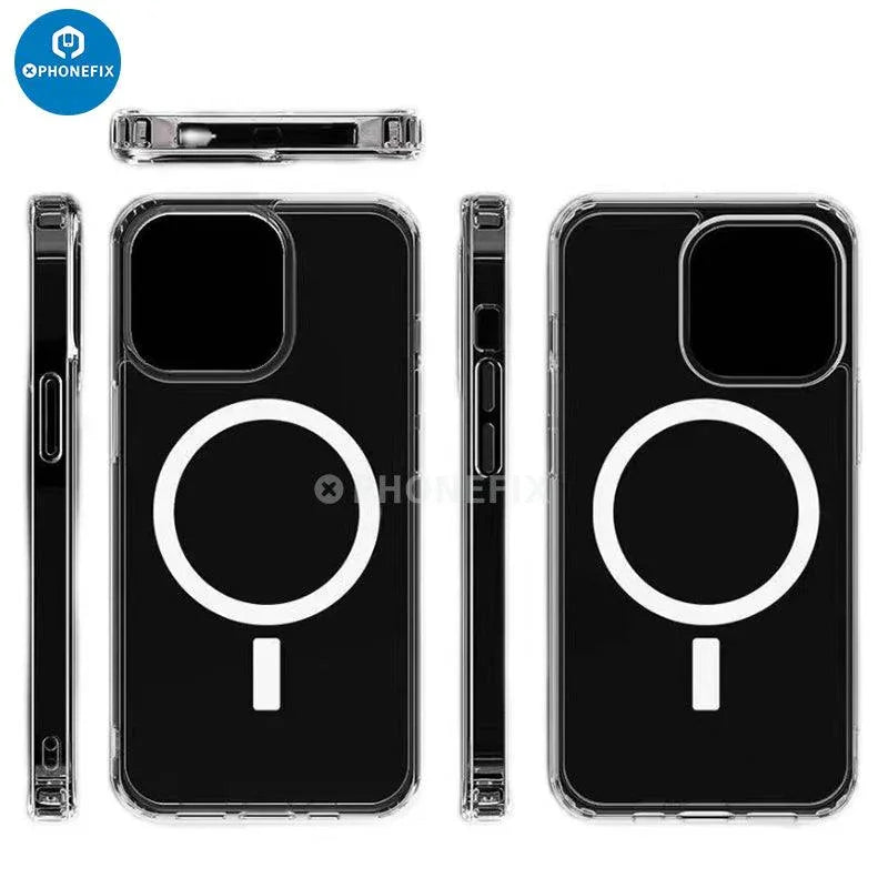 PhoneFIX black iPhone 15 Series MagSafe case, full cover shockproof protector with airbag for iPhone 15 phone.