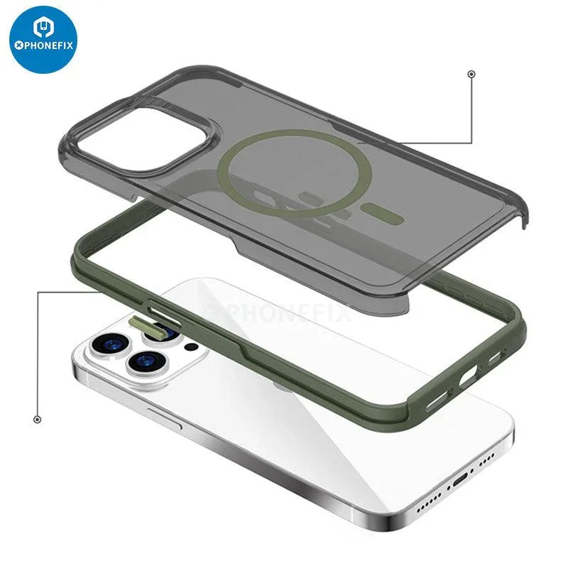 Black PHONEFIX iPhone 15 series MagSafe case with full cover shockproof airbag protection and durable phone protector design.