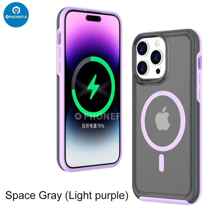 Black PHONEFIX iPhone 15 Series MagSafe case with full cover shockproof airbag design for iPhone 15 protection.