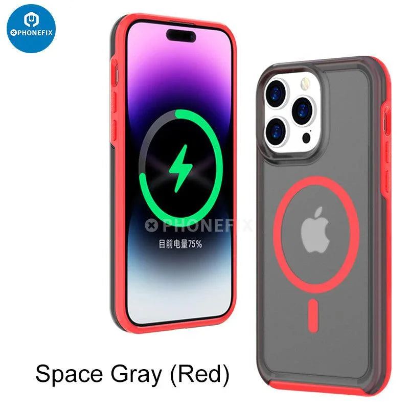 Black PHONEFIX iPhone 15 Series MagSafe case with full cover shockproof airbag protection for iPhone 15.