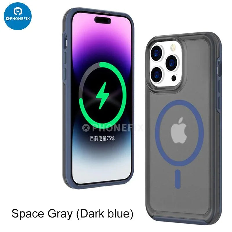 Black PHONEFIX iPhone 15 series MagSafe case with full cover shockproof airbag protection for iPhone 15.