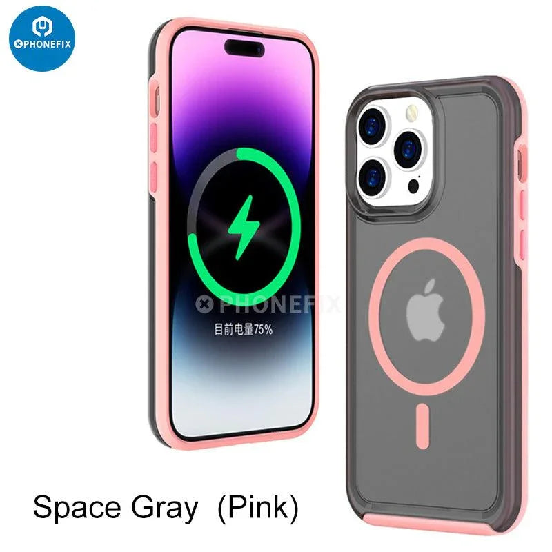 Black PHONEFIX iPhone 15 series MagSafe case with full cover shockproof airbag protection for iPhone 15.
