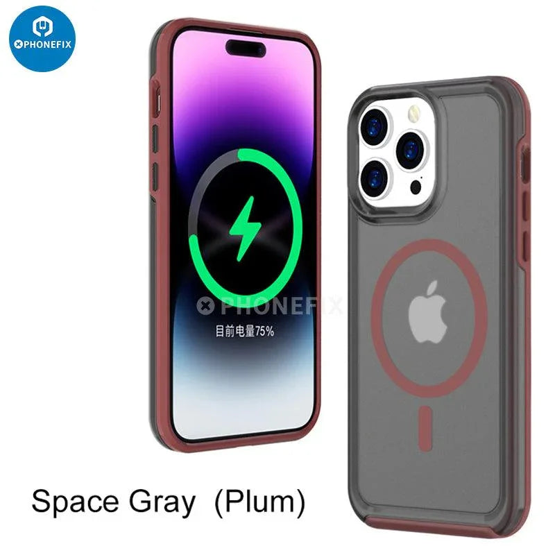 PHONEFIX iPhone 15 Series MagSafe case, full cover shockproof protector with airbag design in black for enhanced phone safety.