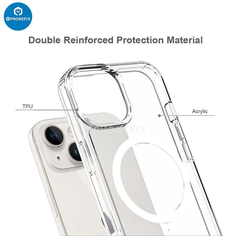Black PHONEFIX iPhone 15 Series MagSafe case, full cover shockproof protector with airbag design for comprehensive phone protection.