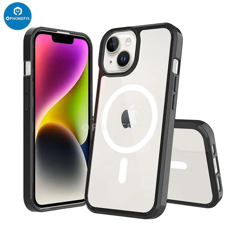 Black PHONEFIX iPhone 15 Series Magsafe case with full cover shockproof airbag protection for iPhone 15.