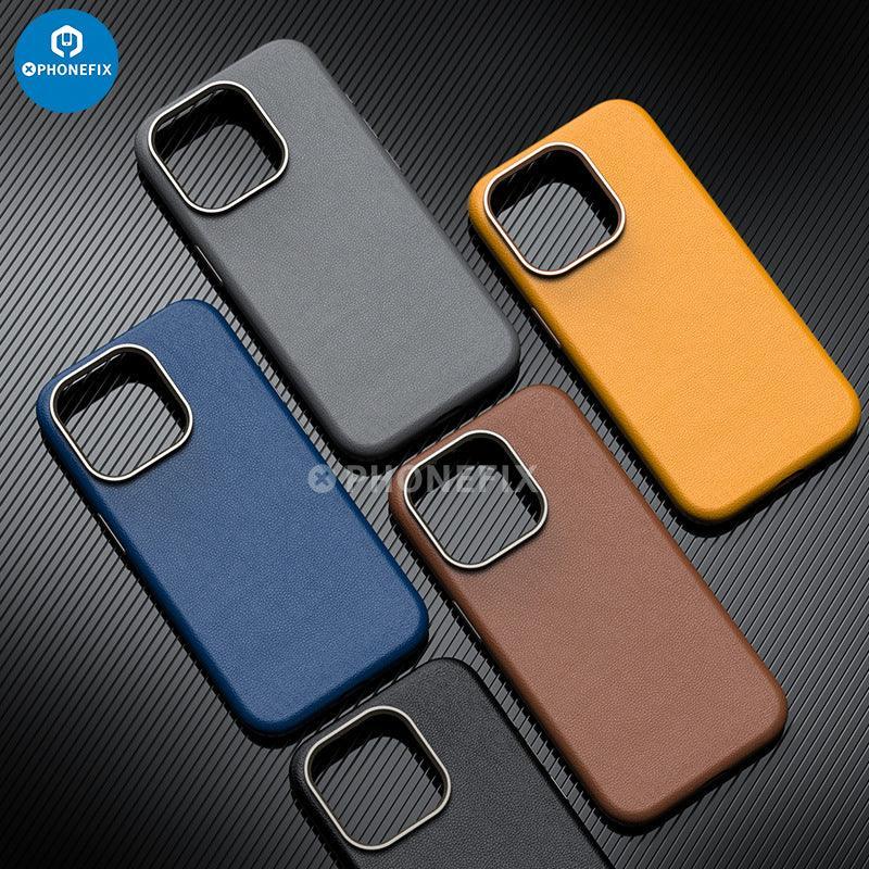 Soft PU leather iPhone 15 case with MagSafe by PHONEFIX, showing a protective phone protector with a smooth finish.
