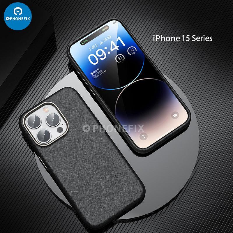 Blue PHONEFIX soft PU leather iPhone 15 series case with MagSafe, protective phone protector with precise cutouts and slim design.
