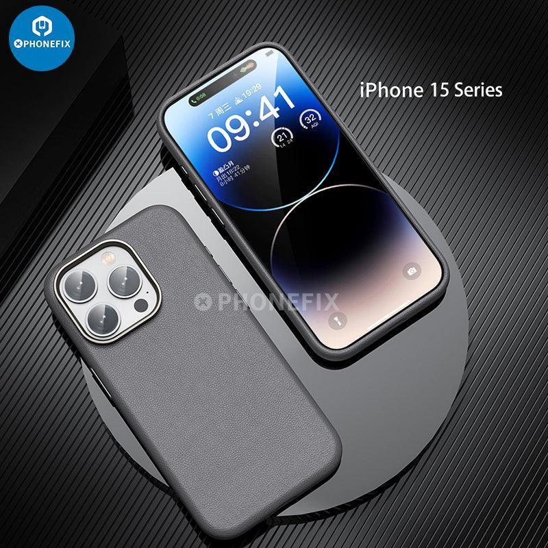 Blue PHONEFIX soft PU leather iPhone 15 case with MagSafe, protective phone protector for iPhone 15 series.