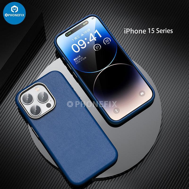 Blue PHONEFIX soft PU leather iPhone 15 protective case with MagSafe, designed for the iPhone 15 series.