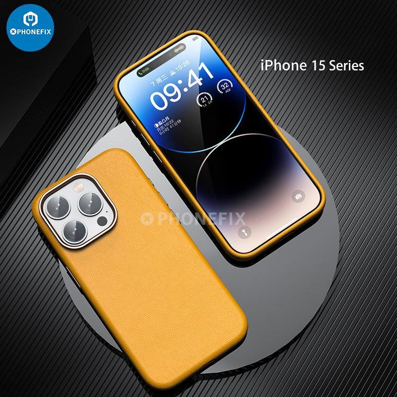 Blue PHONEFIX Soft PU leather protective case with MagSafe for iPhone 15 series, showcasing slim design and precise cutouts.