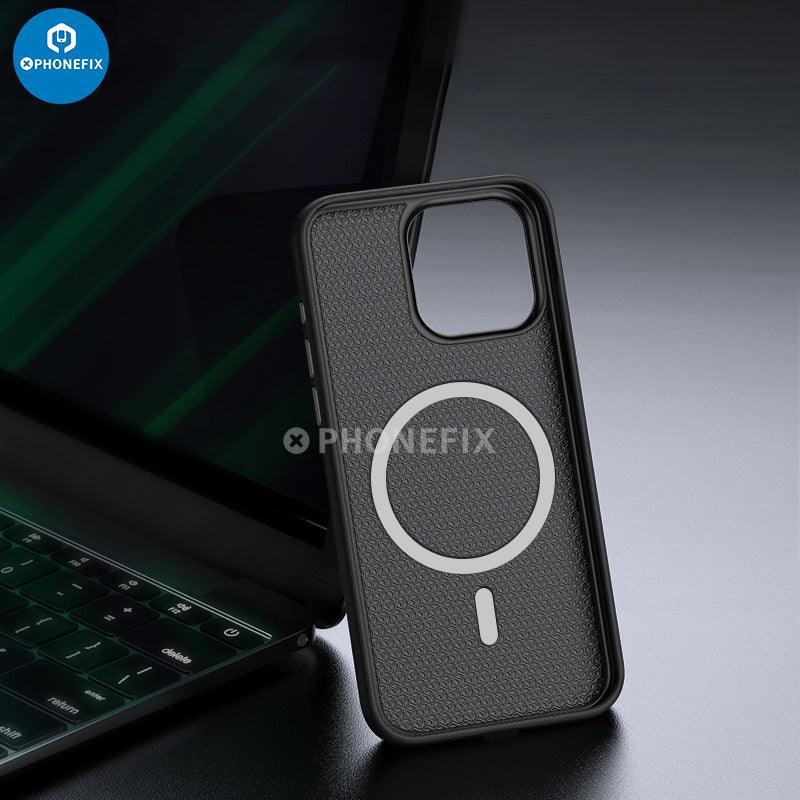 Blue PHONEFIX soft PU leather MagSafe iPhone 15 series protective case showing the sleek design and secure magnetic attachment.