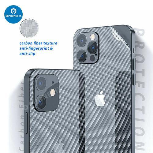 PhoneFIX 3D carbon fiber back protector film on iPhone 8-15 Pro Max case, showcasing sleek, textured carbon fiber design.