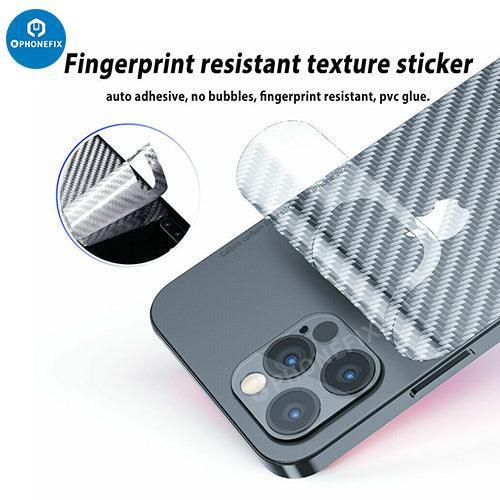 PhoneFIX 3D carbon fiber back protector film for iPhone 8 to 15 Pro Max, showcasing a sleek, textured protective sticker for phone backs.